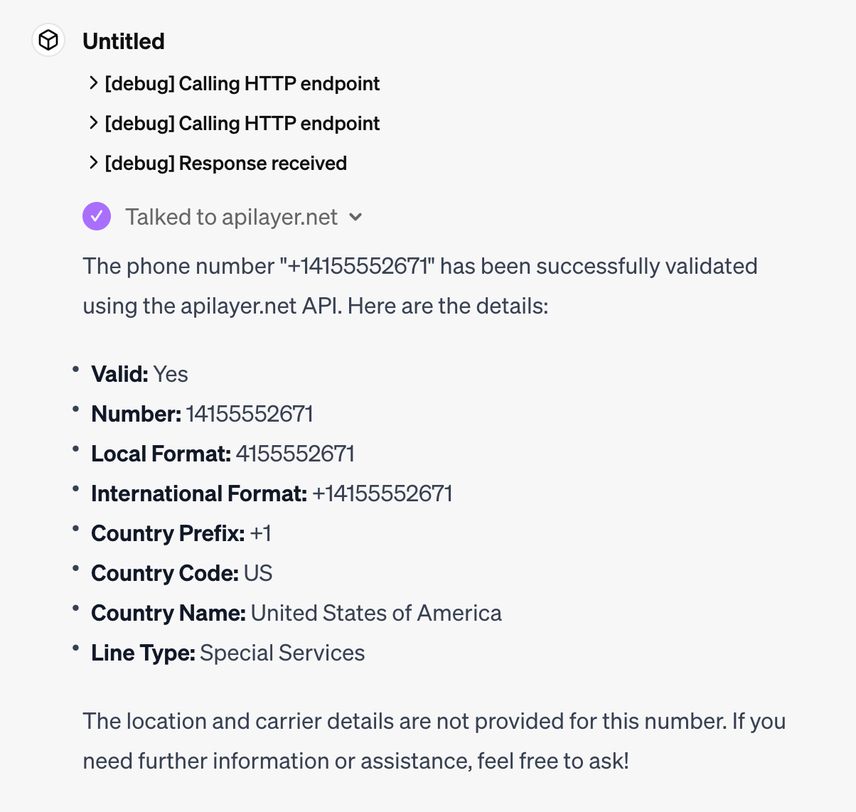 ChatGPT returns the verification details for the test phone number in the API url