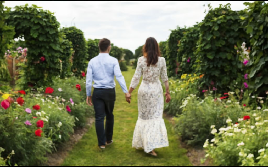 Man and woman walking in garden