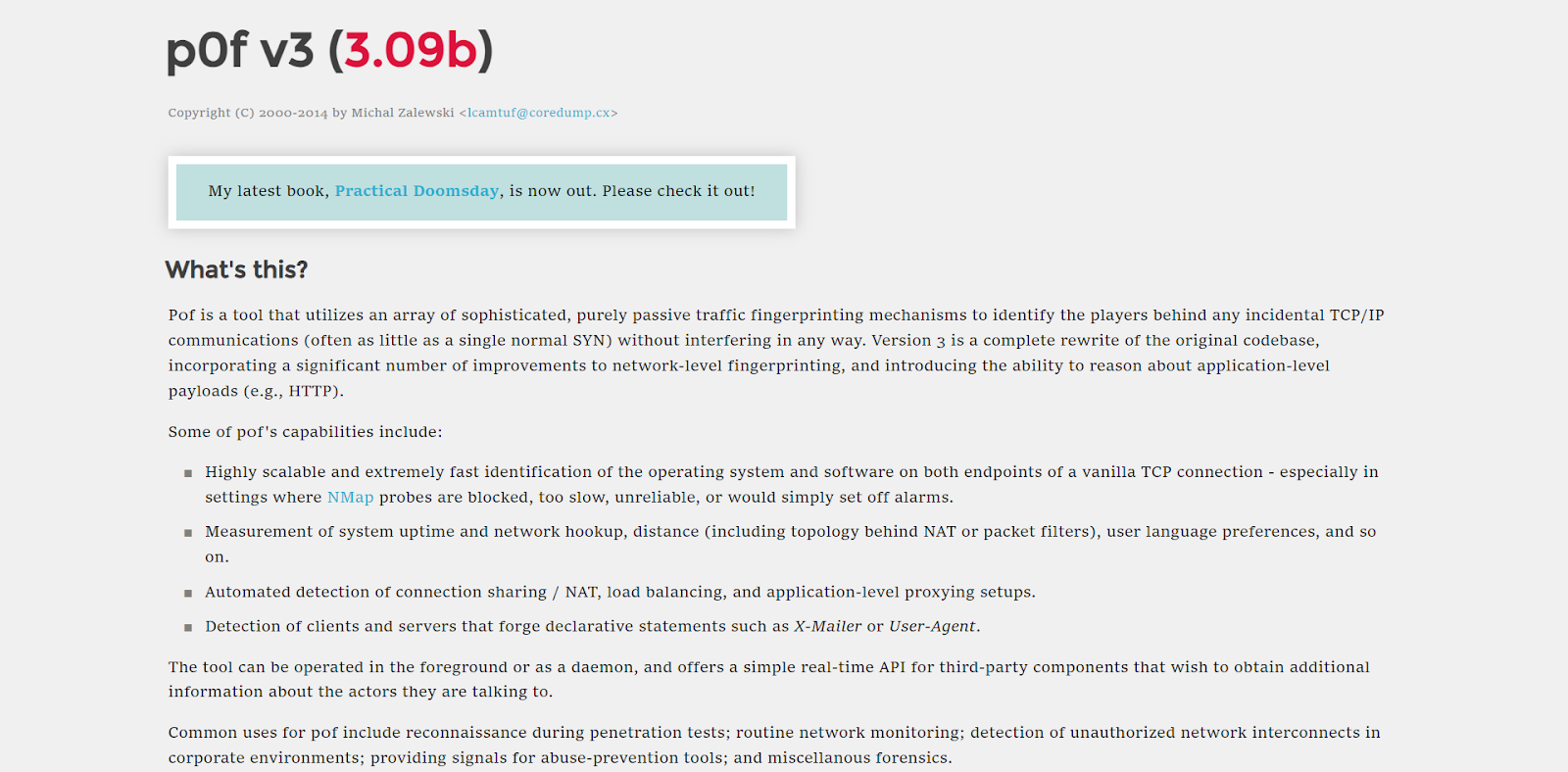 A screenshot of p0f's website