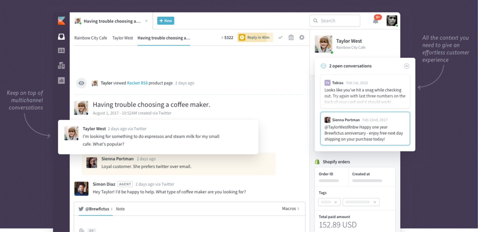 A screenshot of Kayako's customer support interface, illustrating a multi-channel conversation tracking system, a feature among Freshdesk alternatives. The main pane shows a customer named Taylor West from Rainbow City Cafe seeking advice on choosing a coffee maker via Twitter. On the right, a customer profile with past interactions and Shopify order details provides context for the support agent. The agent has responded directly within the platform, exemplifying Kayako's ability to streamline customer engagement across different channels.