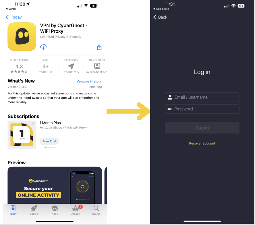 Screenshot of CyberGhost VPN iOS app on the App Store and app login page.