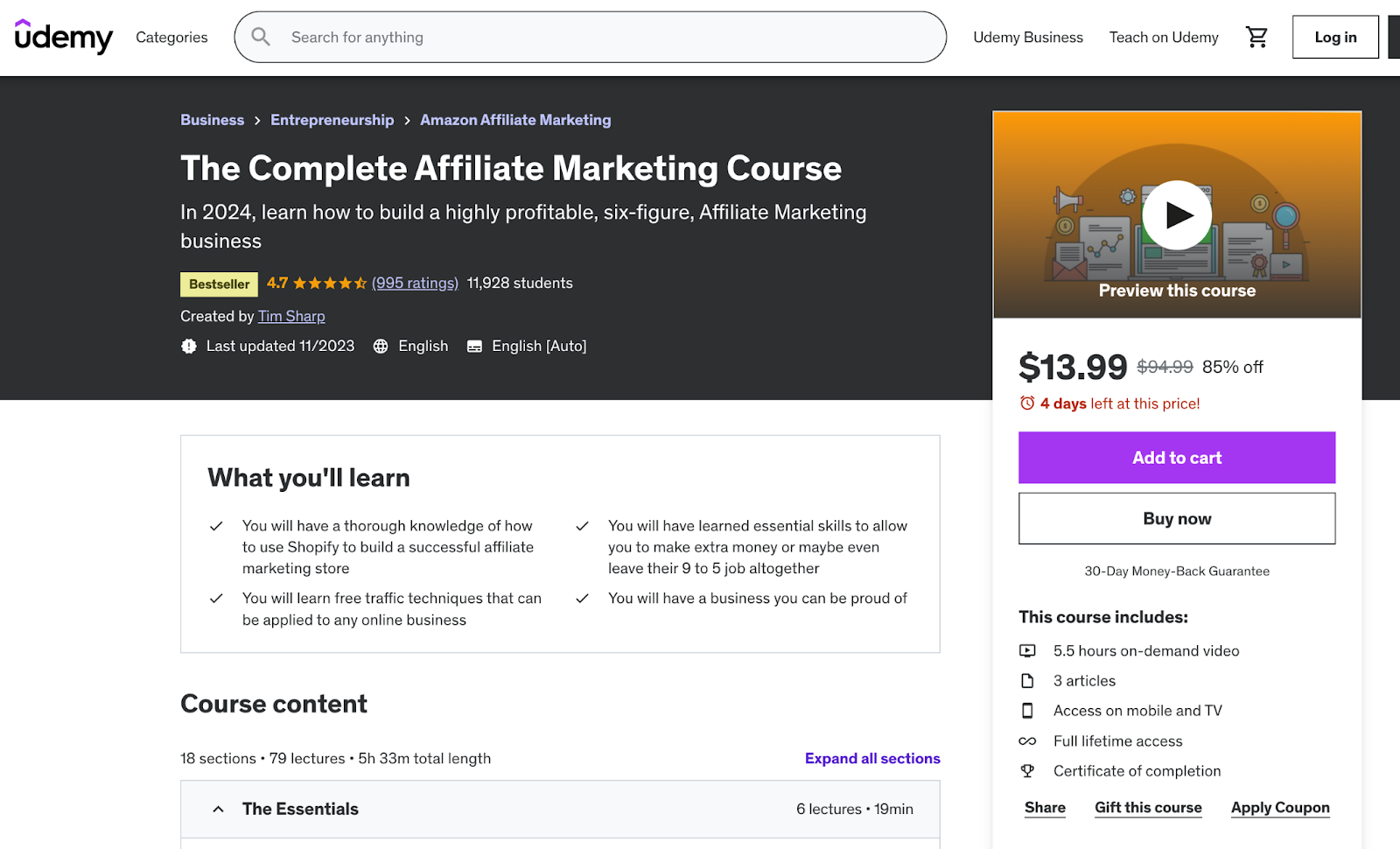 The Complete Affiliate Marketing Course page on Udemy