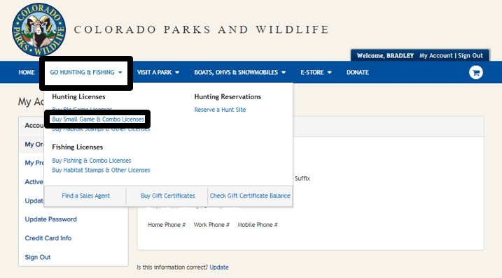 Highlighting the "Go Hunting and Fishing" tab located in the blue navigation bar at the top of the screen. Highlighting the "Buy Small Game and Combo Licenses" link in the dropdown menu. 