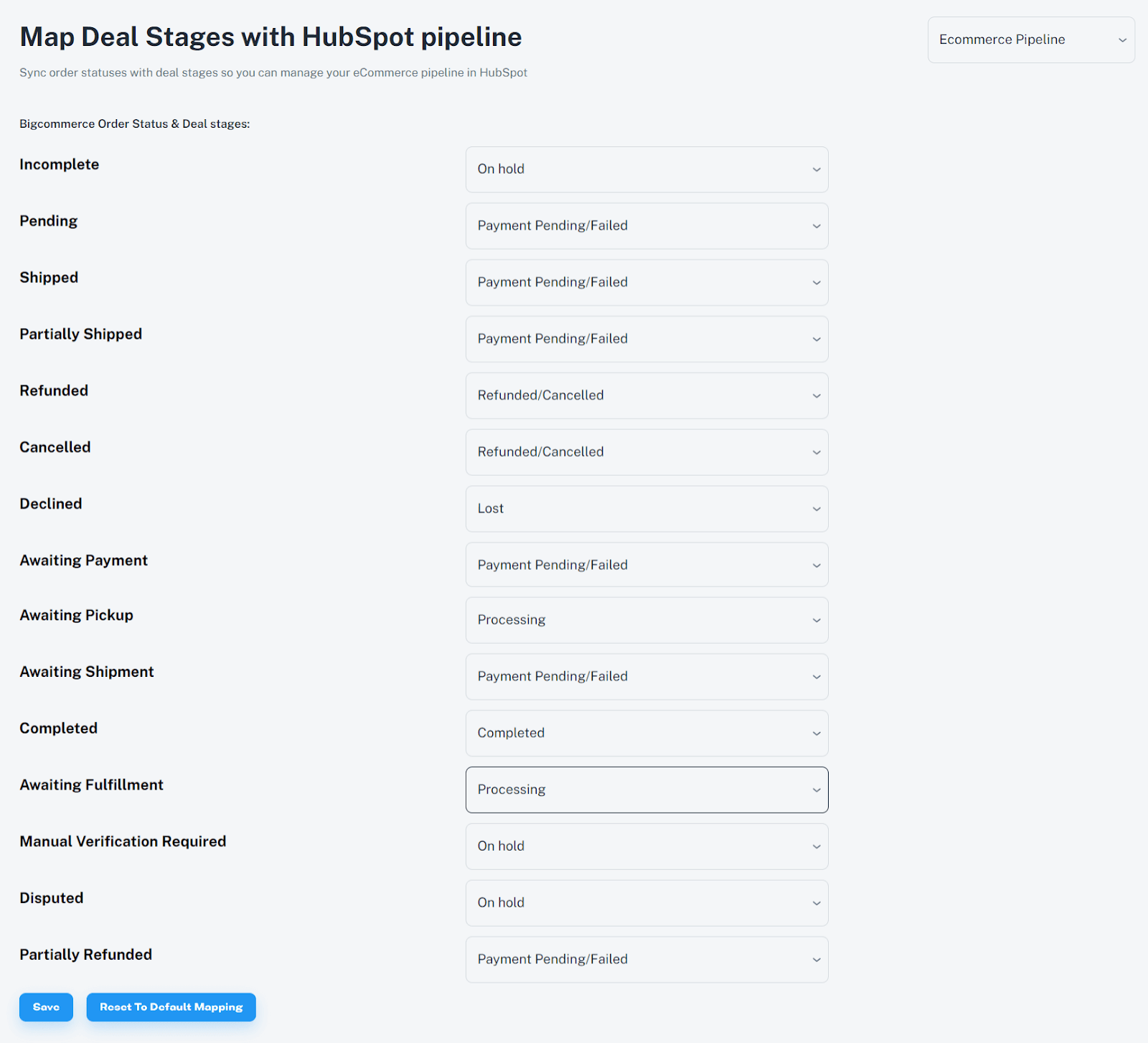 map bigcommerce stages with hubspot