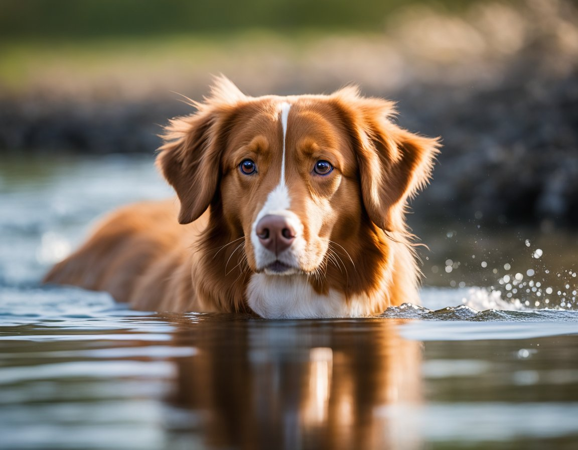 a mixed colored nova scotia duck tolling retriever with half body submerged in water 