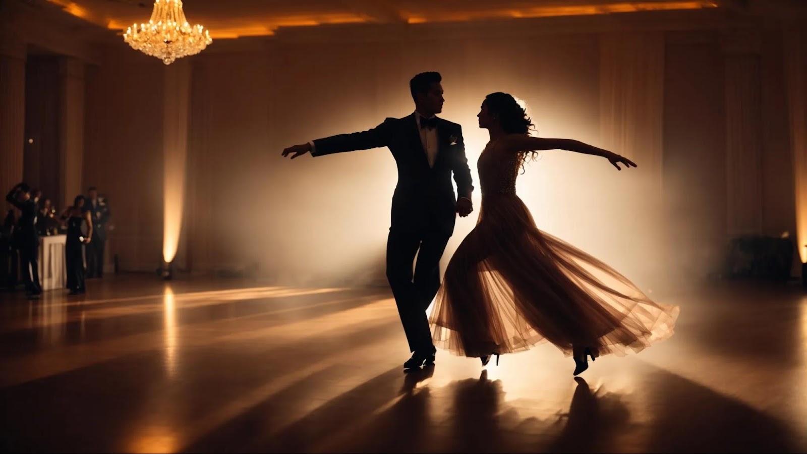two ballroom dancers glide across a polished dance floor, their silhouettes bathed in soft, dramatic lighting.