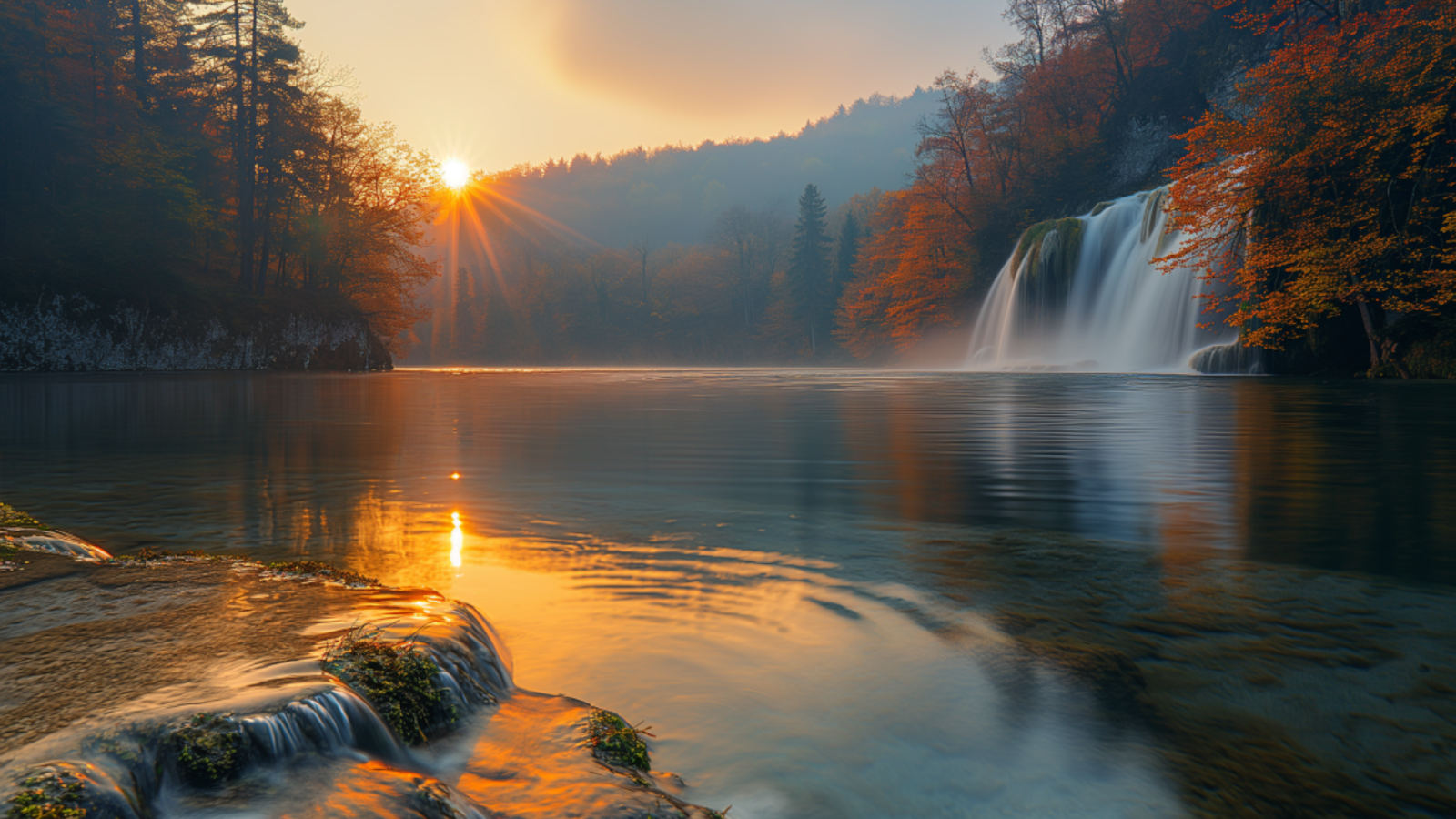 Sunset casting a serene glow over the reflective waters and cascading falls of Plitvice Lakes National Park.