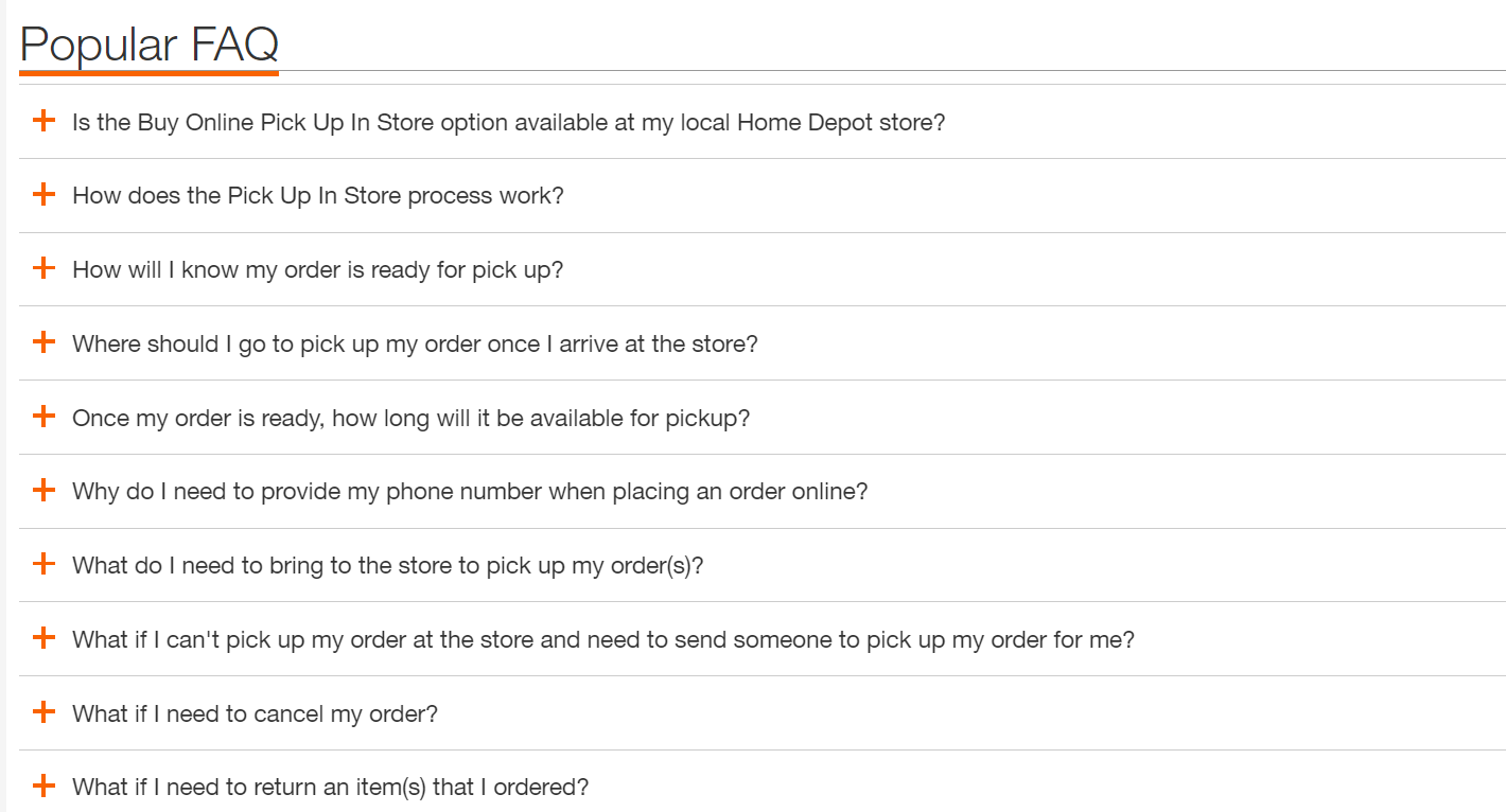 Comprehensive FAQ and Support Sections - Home Depot - Example