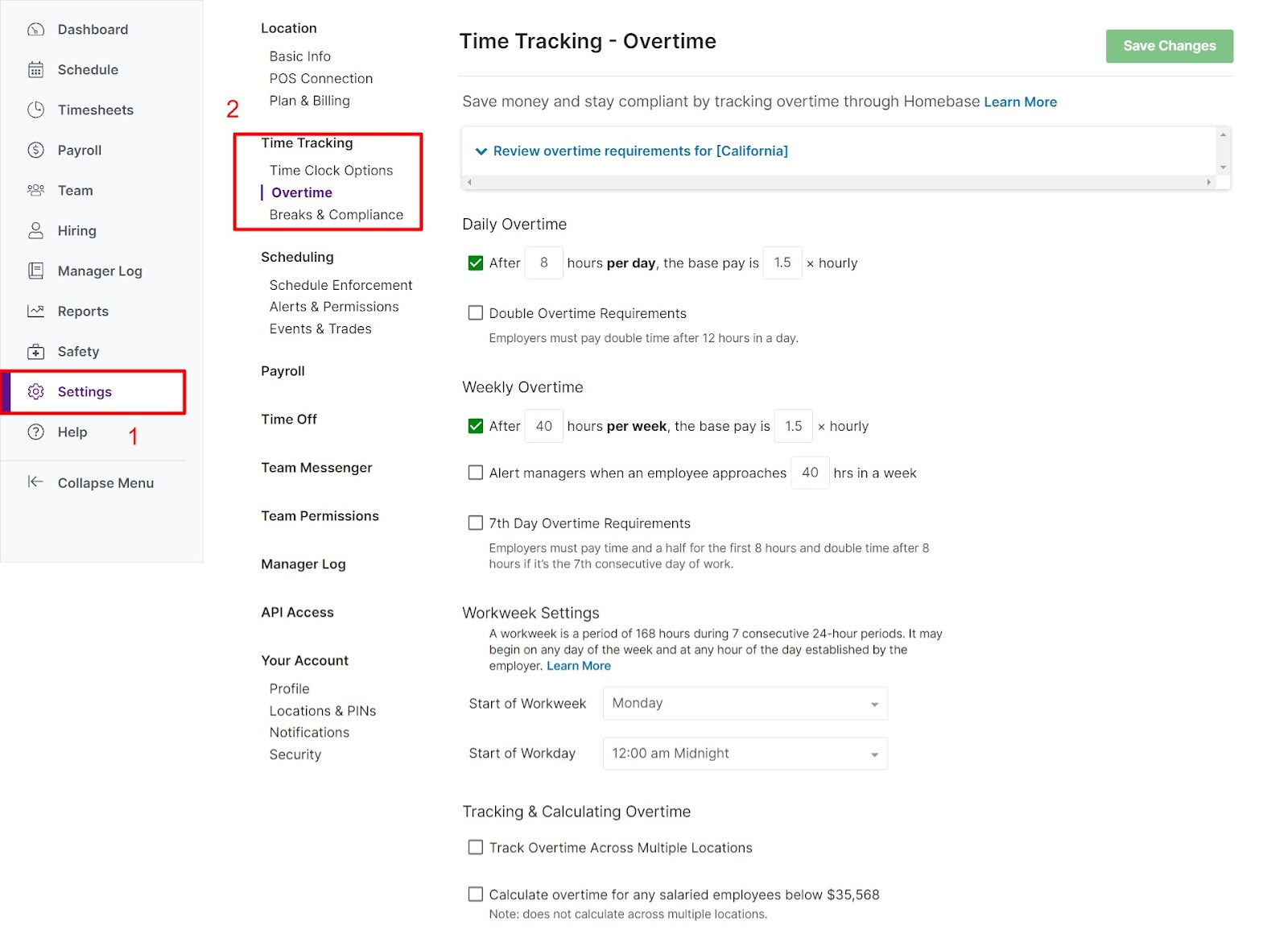 Screenshot of Homebase time tracking-overtime feature