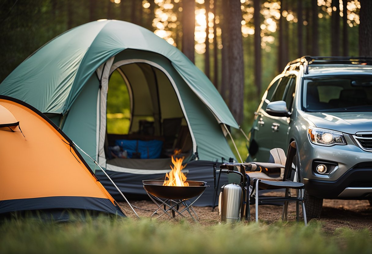 A tent pitched next to a campfire with a cooler, folding chairs, and a lantern set up nearby. A car is parked in the background with a roof rack carrying camping gear