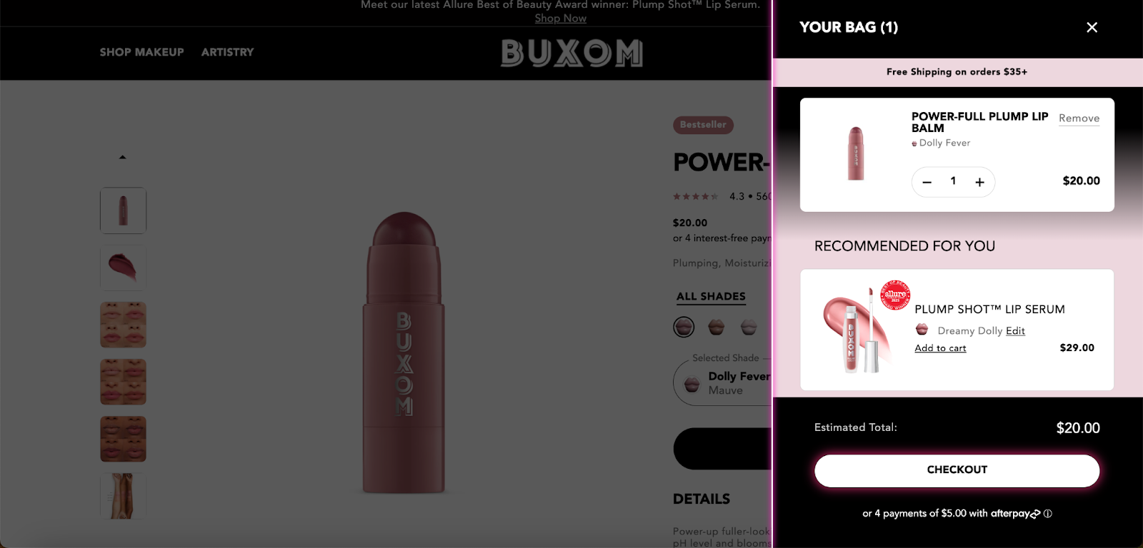 Buxom's cart page showing recommended items to add.