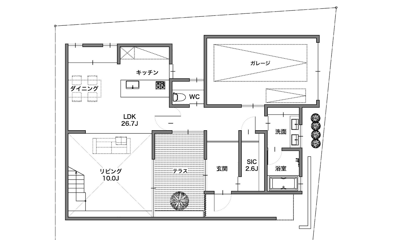 実例④【35坪～40坪】リビング階段で効率の良い間取りを実現　1F