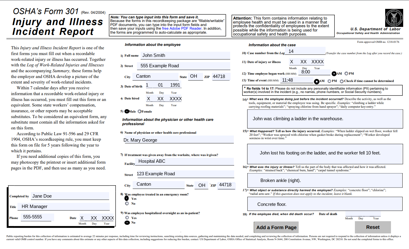 OSHA Form 301, Injury and Illness Incident Report, filled out for an example scenario. 