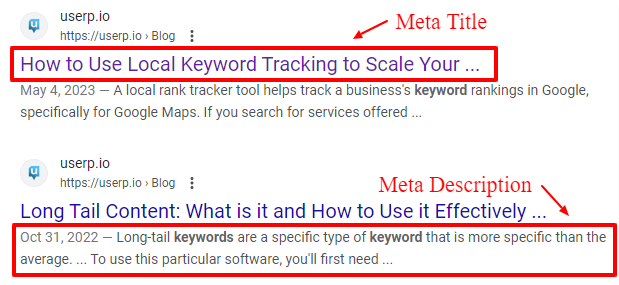 screenshot of Google search results showing meta titles and meta descriptions