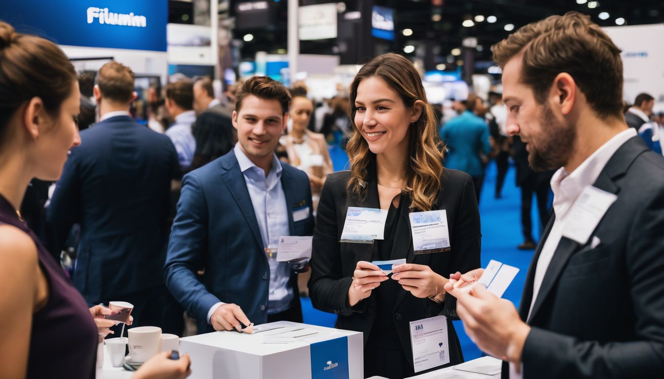 Diverse professionals networking and exchanging business cards at a trade show.