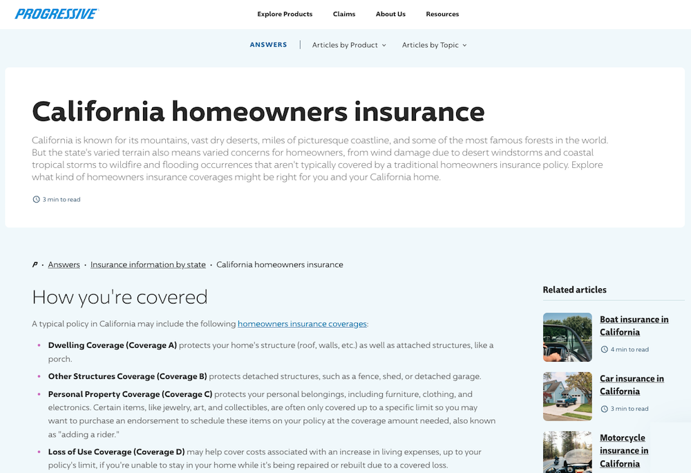 Progressive California homeowners insurance content example