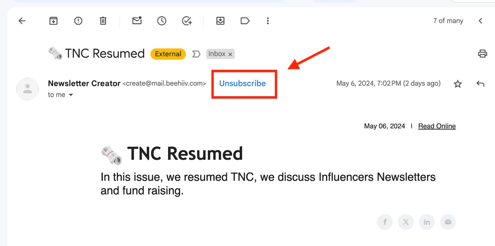Screenshot of a Gmail displaying an email from Newsletter Creator with the subject line 'TNC Resumed' A red square highlights the 'unsubscribe' in blue, right at the top of the email beside the sender's email address.