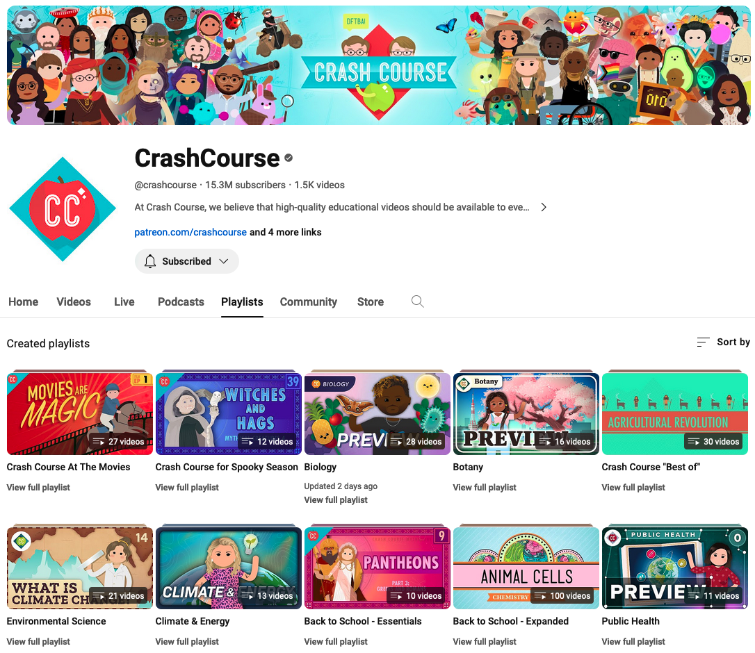 crashcourse youtube channel playlists