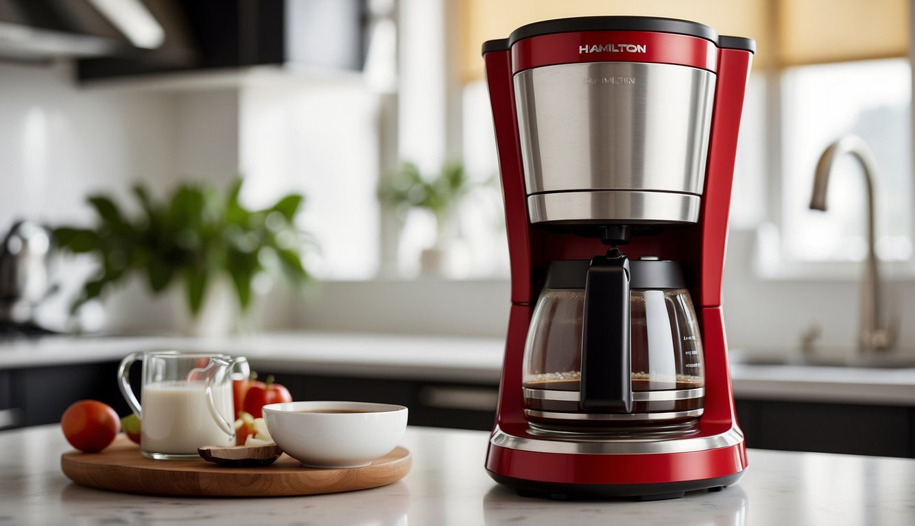 A white and red Hamilton Beach Electric Coffee Maker, 14 cups, against a clean kitchen backdrop