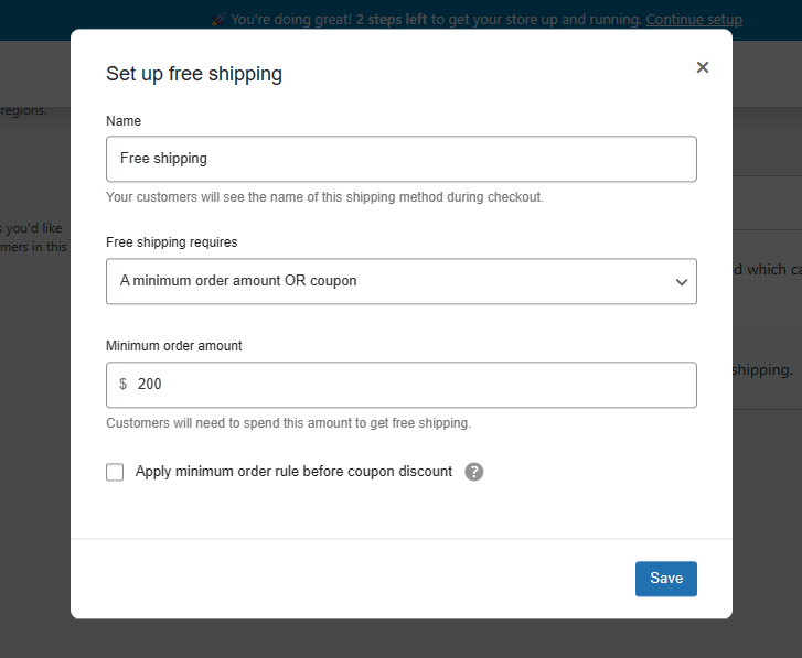 free shipping configured