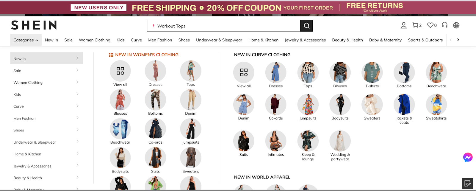 SHEIN categories page