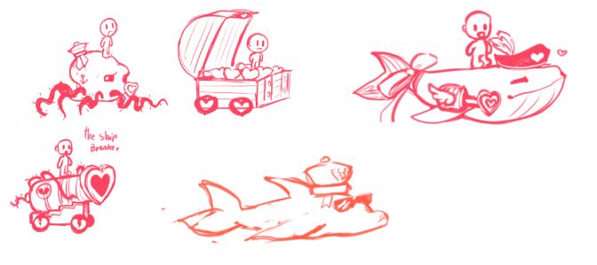 Concept art of mounts and pets in red and orange ink - dolphin wearing sunglasses, a whale with a love-themed captains hat, octopus with a heart shaped nose, a treasure chest filled with hearts, and a heart-shaped cannon called "the ship breaker"