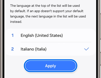 Blue button labeled Apply highlighted in the Language settings