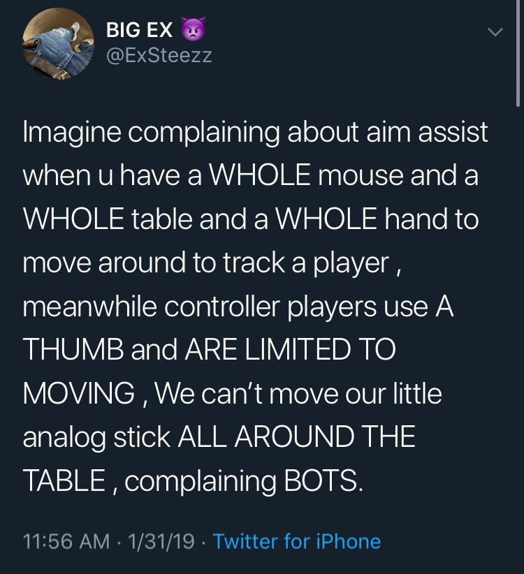 screenshot of a Twitter user defending Fortnite's aim assist