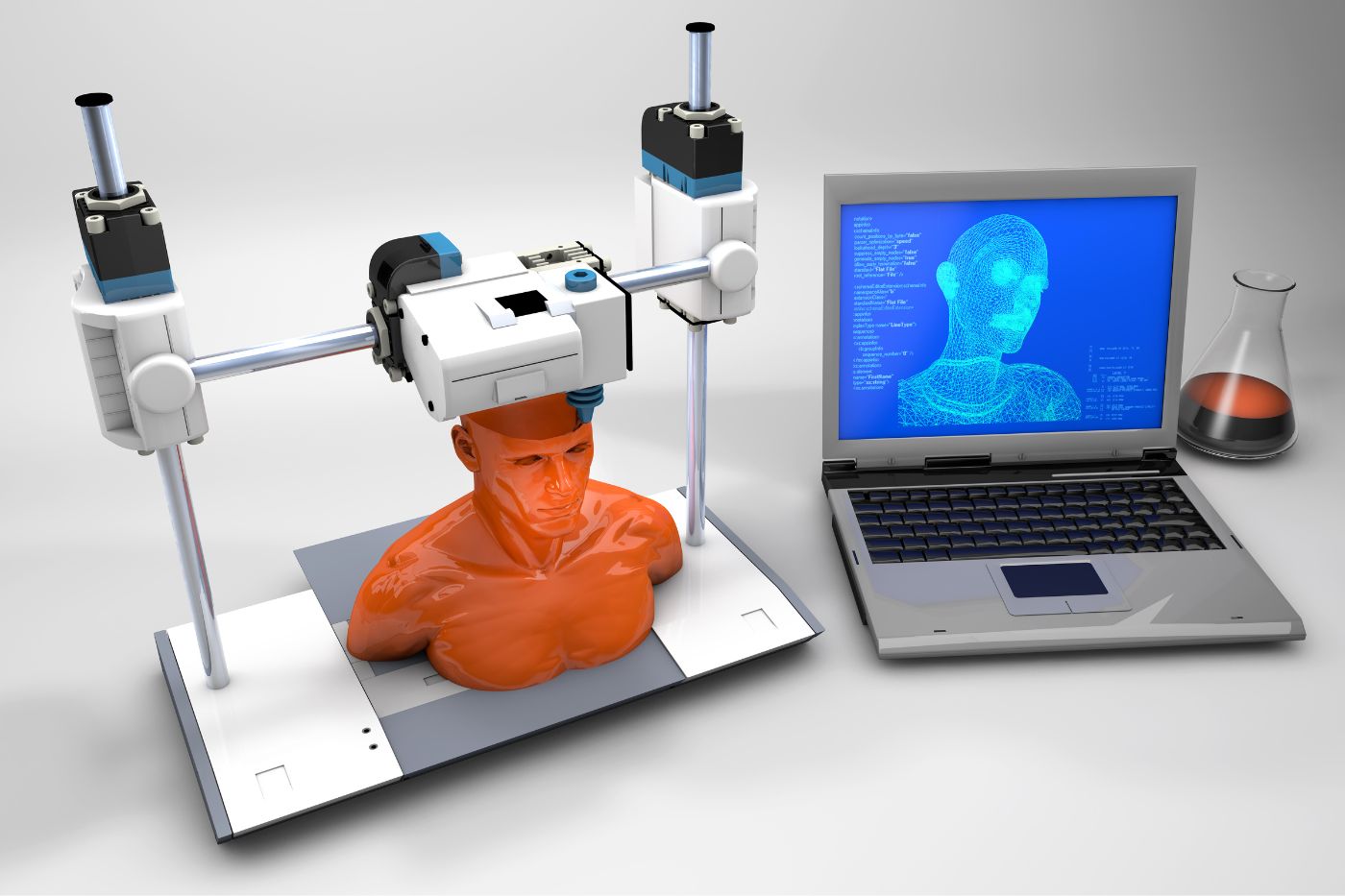 3D printing of an upper human body, laptop and beaker