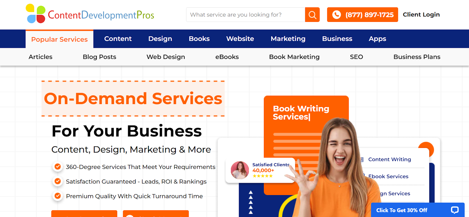 home page of content development pros agency