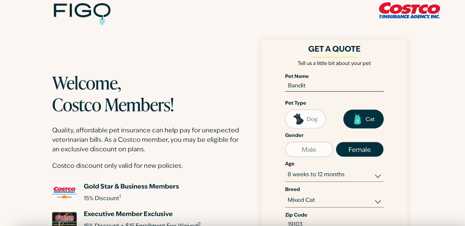 Figo's "Welcome, Costco members!" page