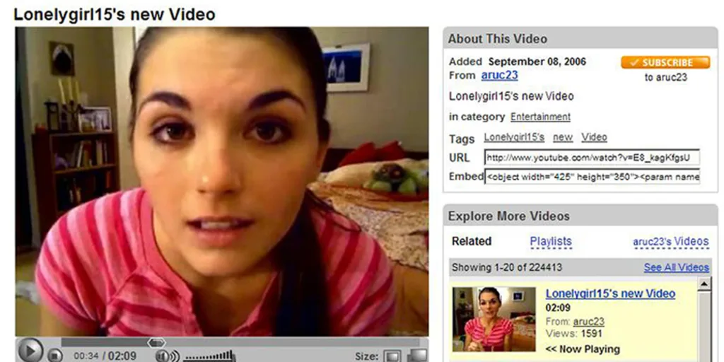 A screenshot of a profile page for Lonelygirl15. A close-up of the woman's face is next to an "About This Video" panel, which gives information on when it was uploaded and what categories it is in. 