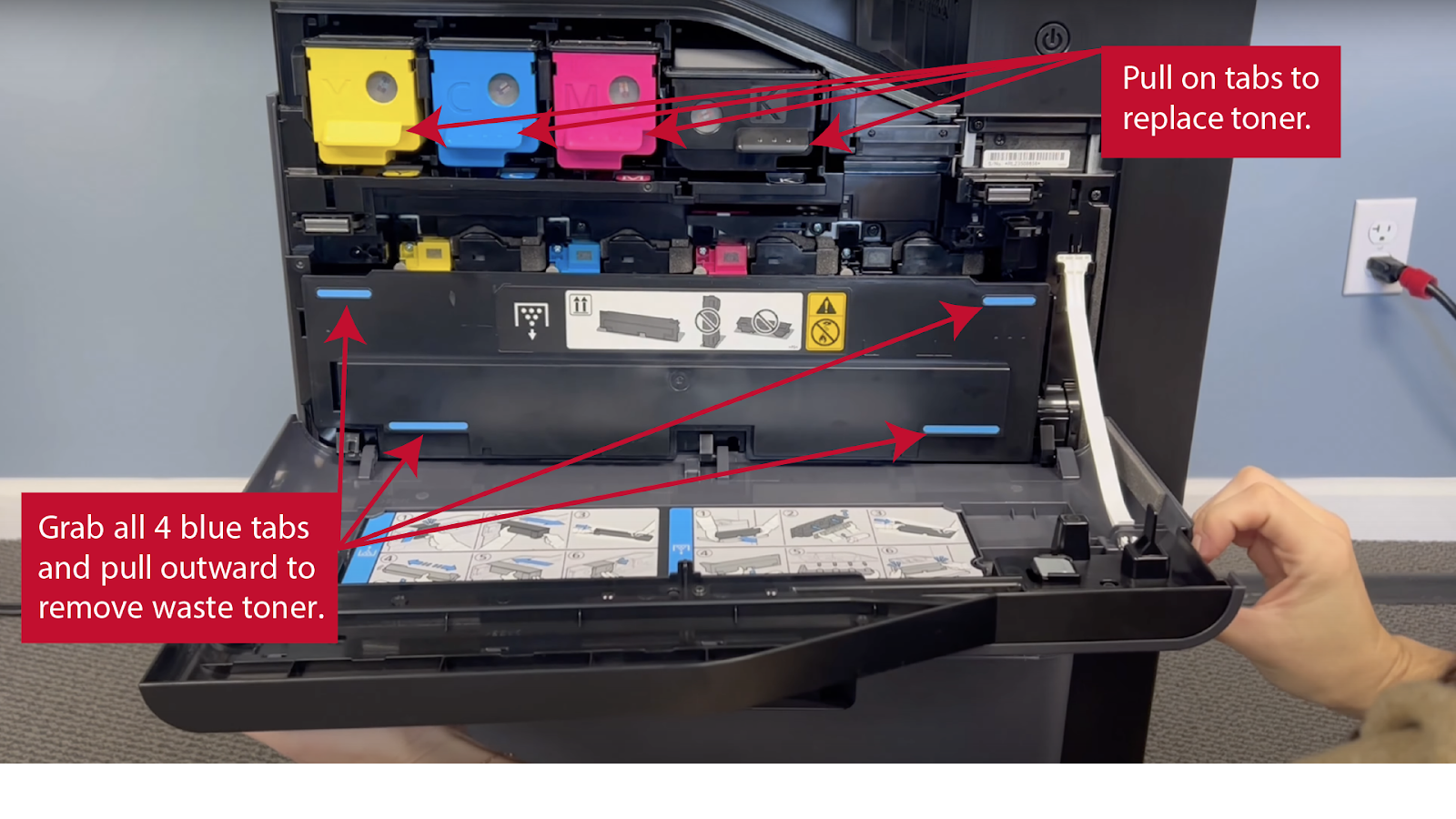 Pull on tabs to replace toner