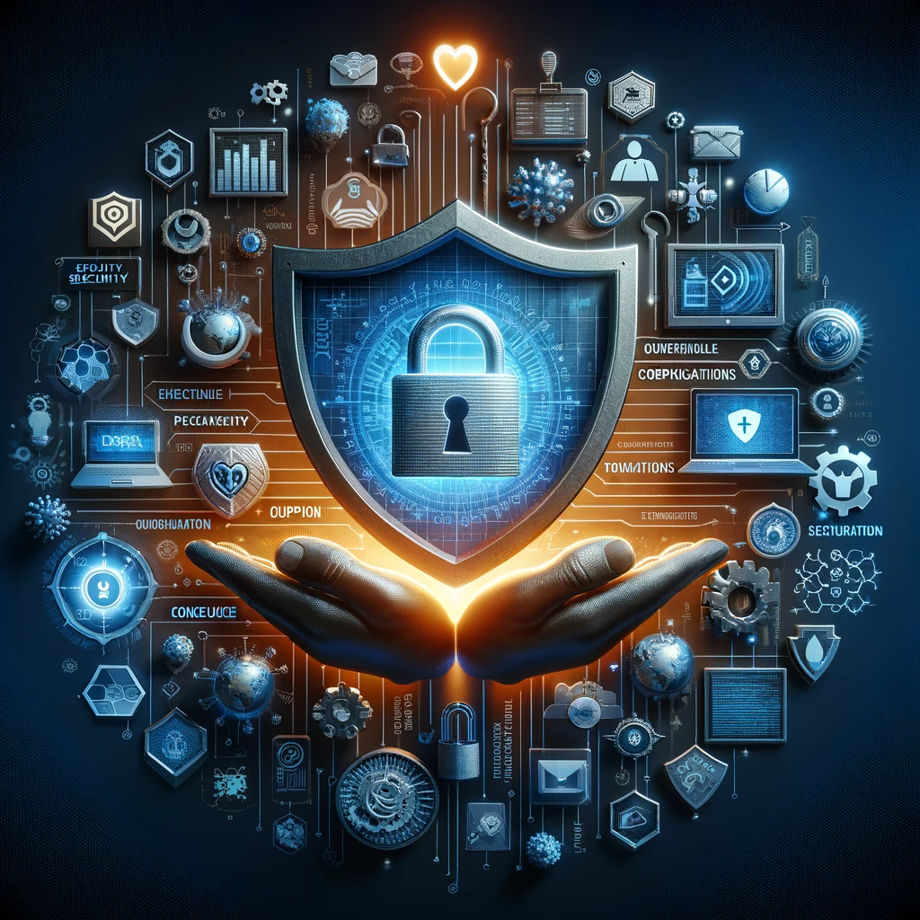 "A pair of hands holding a virtual shield with a padlock, flanked by numerous security and technology icons, symbolizing the human role in data protection and information security."