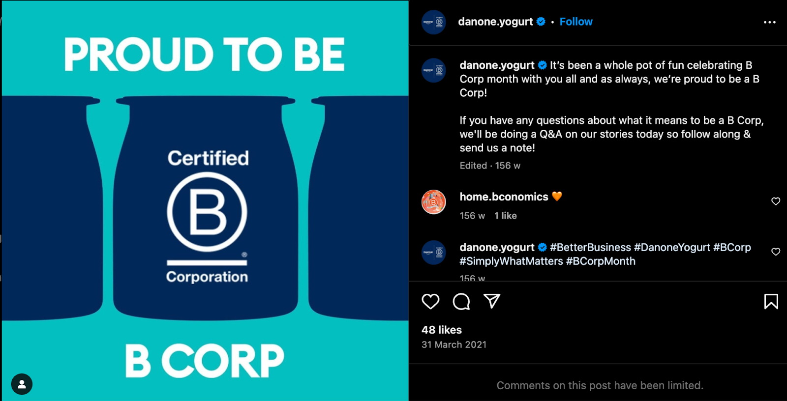 Instagram post by Danone sharing their B CORP certification