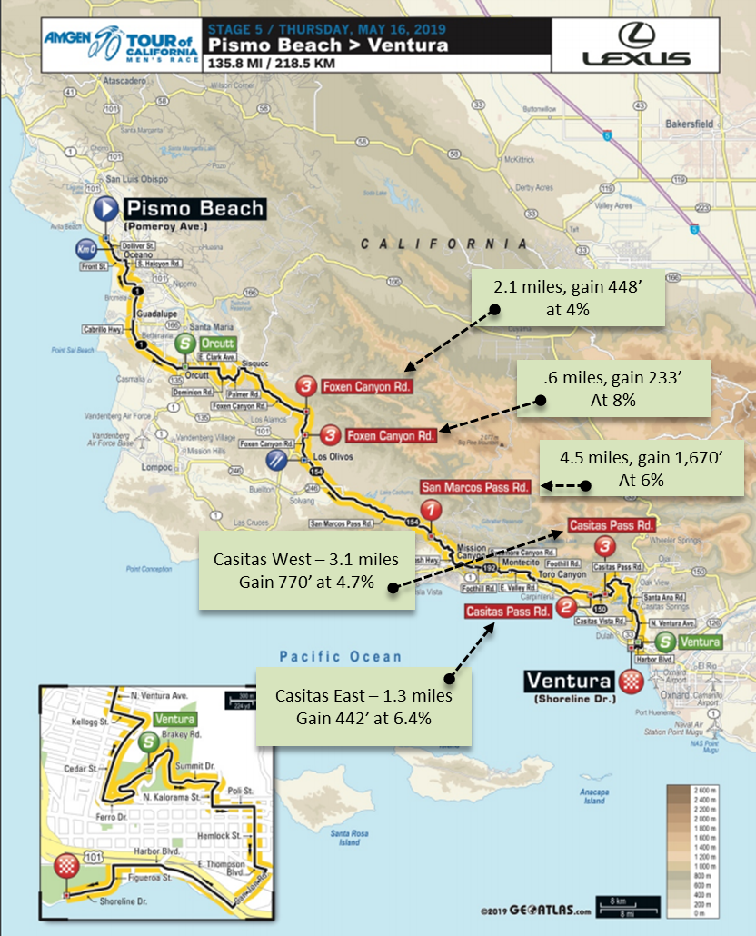 Amgen Tour of California - Map with bike climb details for May 16, 2019 Stage 5