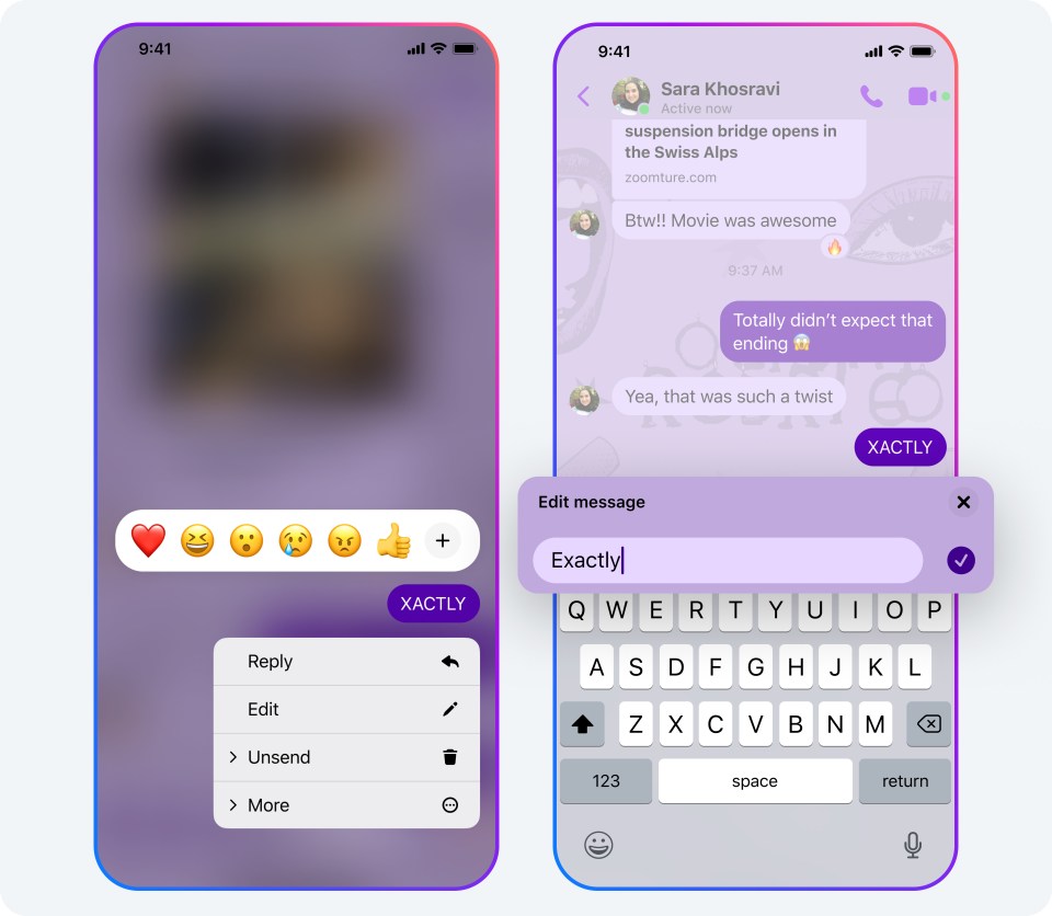 Messenger'daki mesaj düzenleme özelliğini gösteren iki telefon ekranı