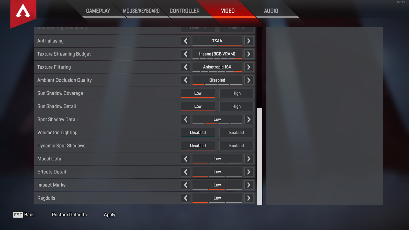 Menu de configuração de vídeo do Apex Legends