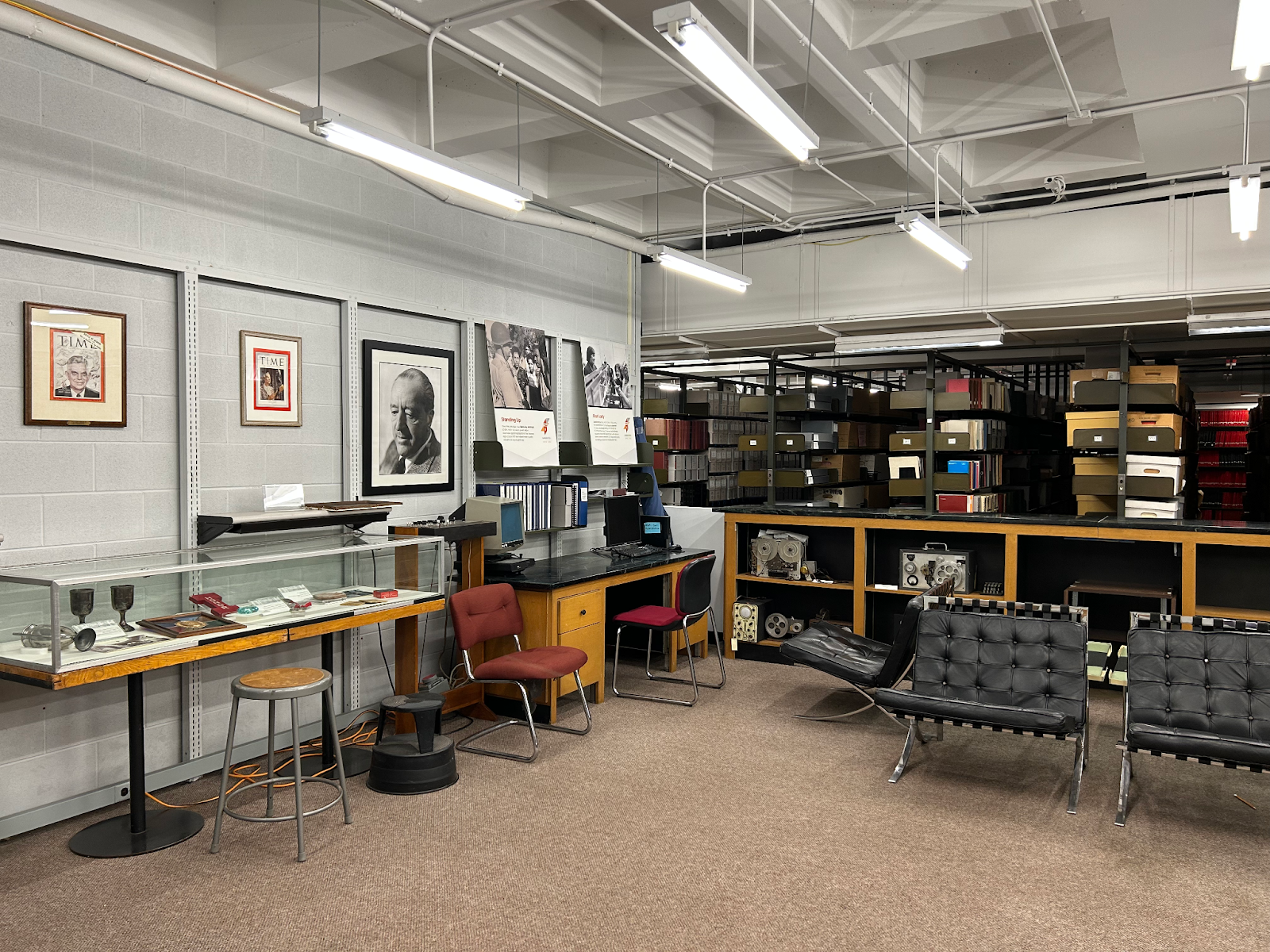 Bookshelves and display cases at the Graham Resource Center, home of a wide range of materials supporting the research and instruction of Architecture at IIT
