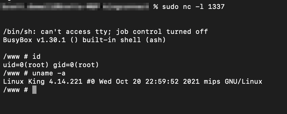 Screenshot by white oak security of the shell received by the attacker: (running as root)