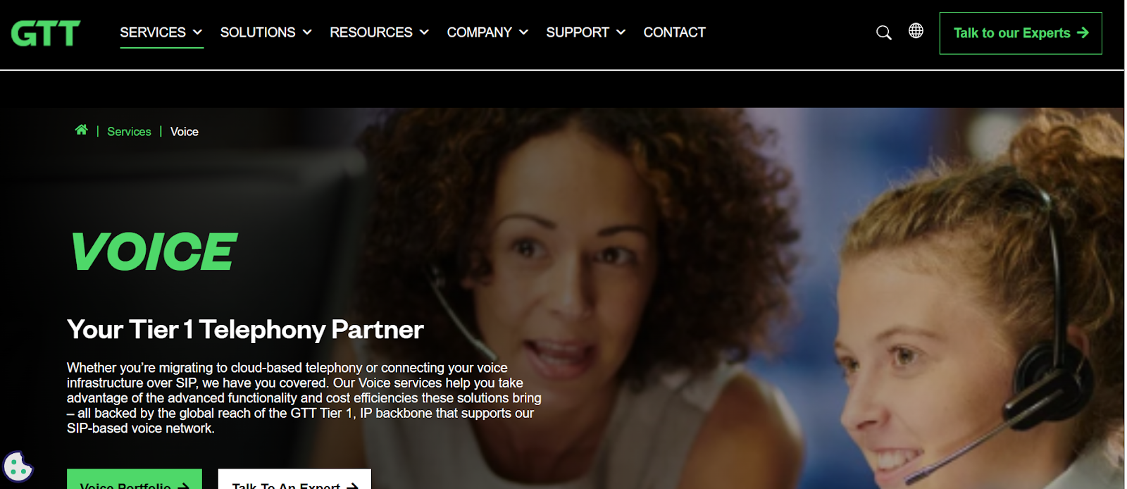 GTT Communications website snapshot highlighting the services it provides.