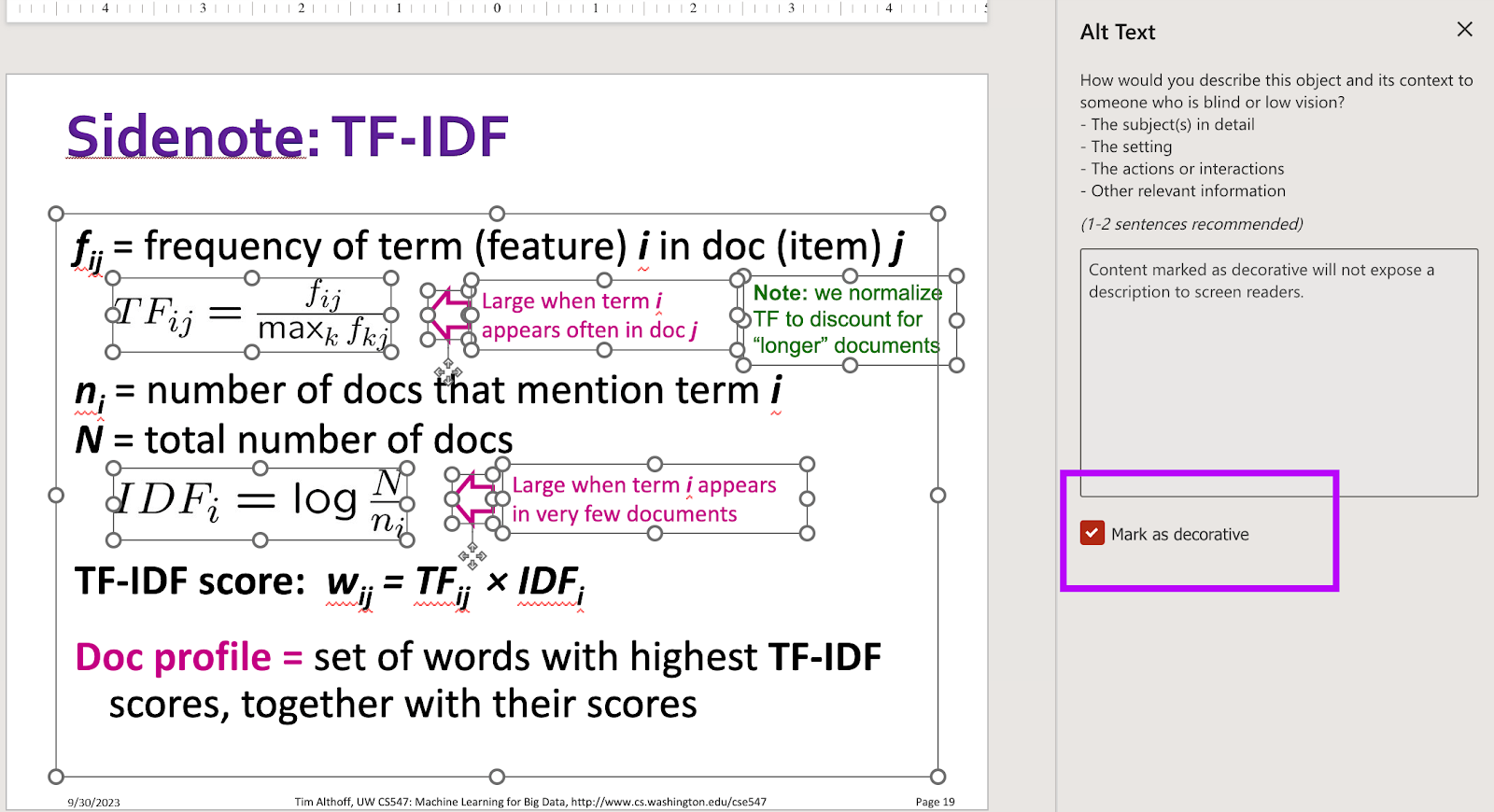 This is the same screenshot of the powerpoint and the alt text panel as above. This time, all the math components and the associated texts are marked decorative on the alt text panel.