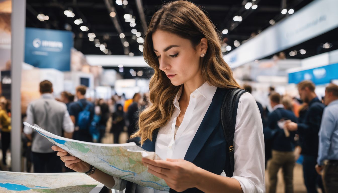 A person reads a map at a trade show surrounded by exhibition booths.
