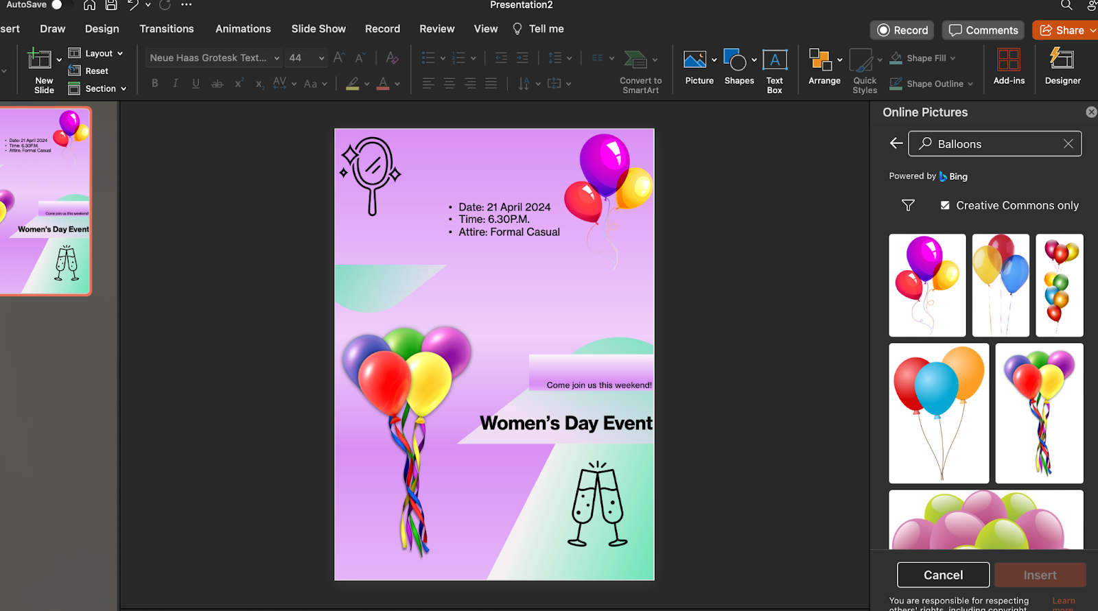 Poster with balloons on powerpoint slide