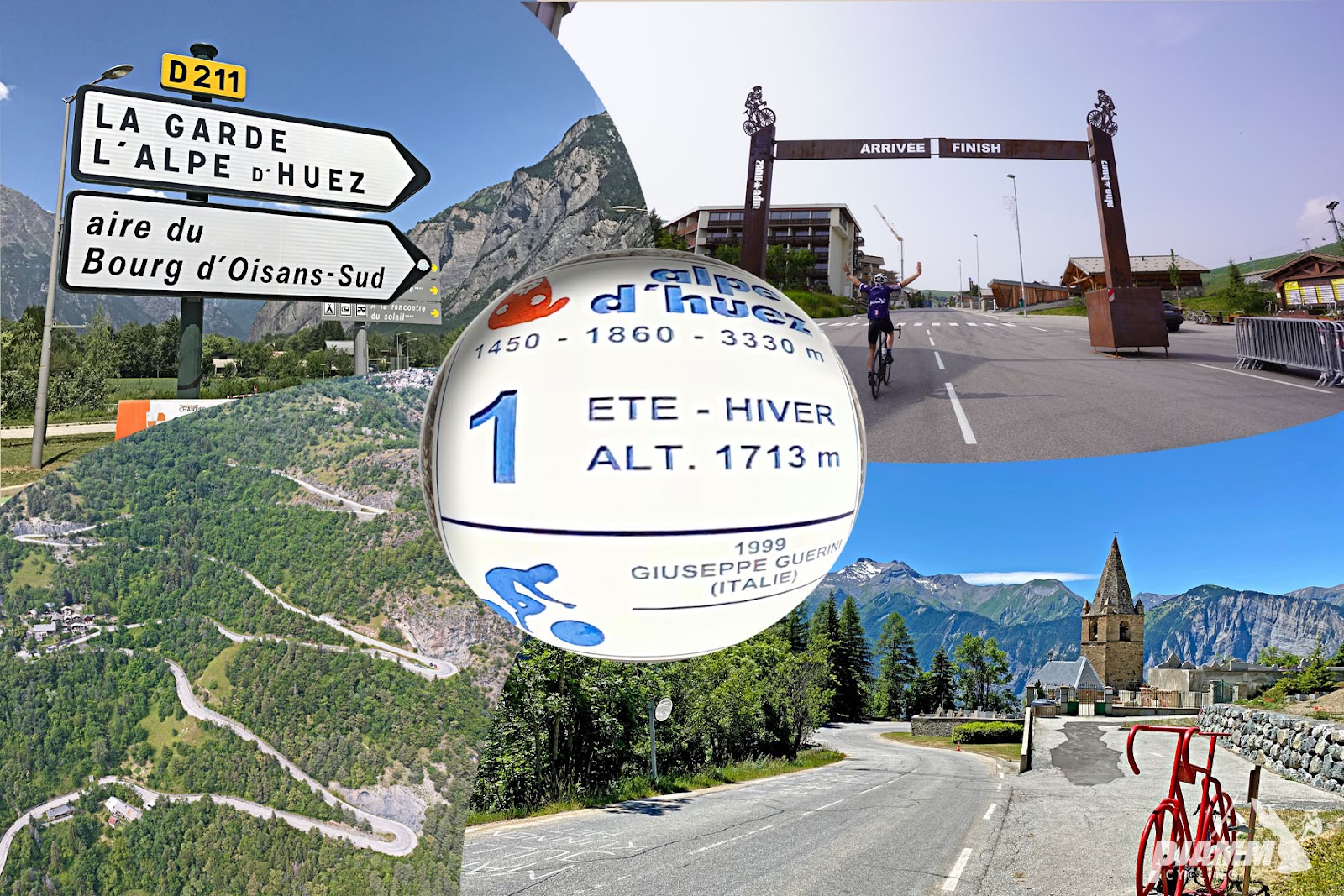 photo collage shows signs for La Garde l'Alpe d'Huez, Tour de France Finish/Start sign, French Alps views, aerial drone view showing switchbacks up climb