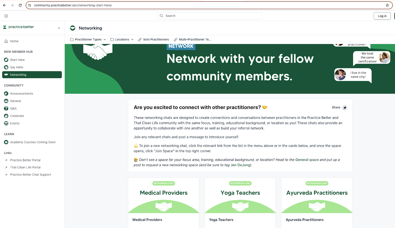 A screenshot of the Practice Better Community dedicated showing the networking area. 