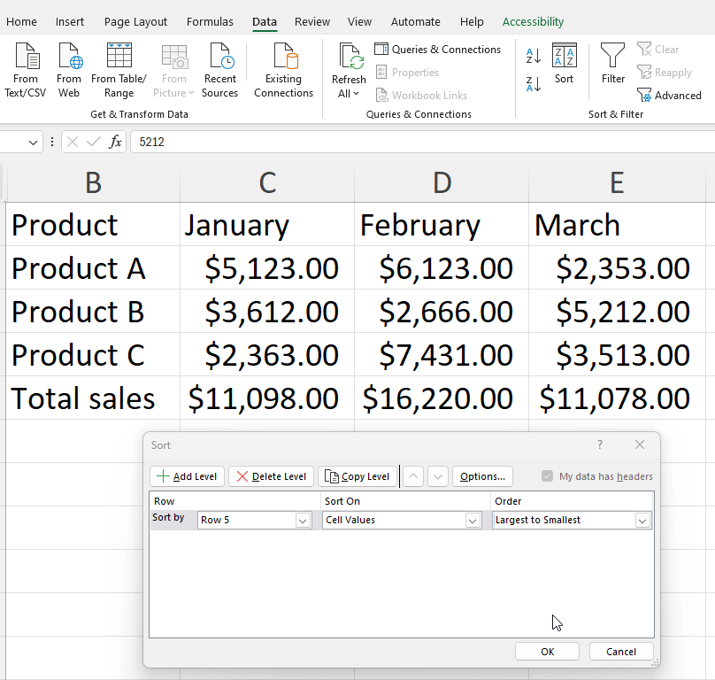 Sorting a sample data by row.