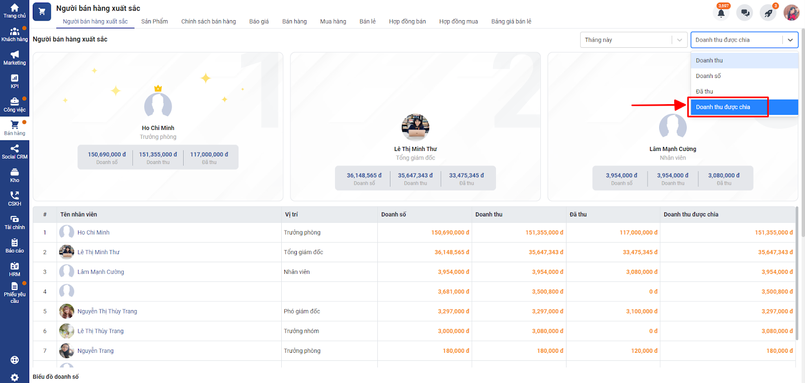 Bổ sung thêm điều kiện lọc theo doanh thu được chia trong người bán hàng xuất sắc