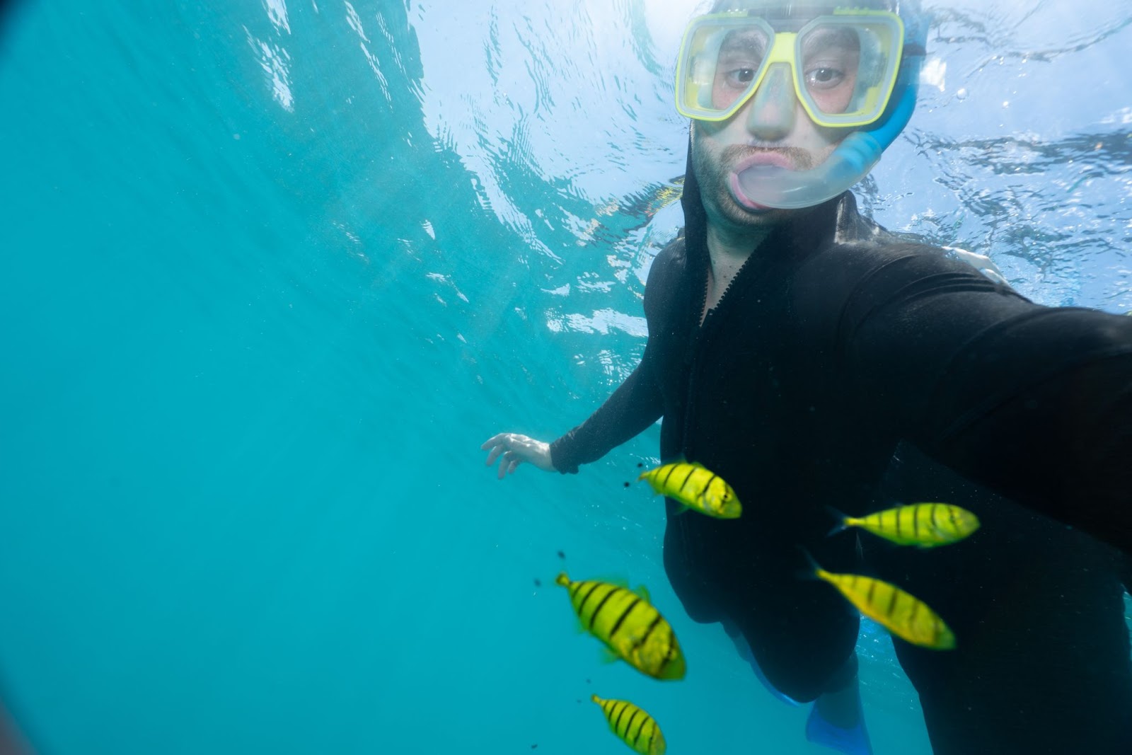 A man is taking a selfie underwater.