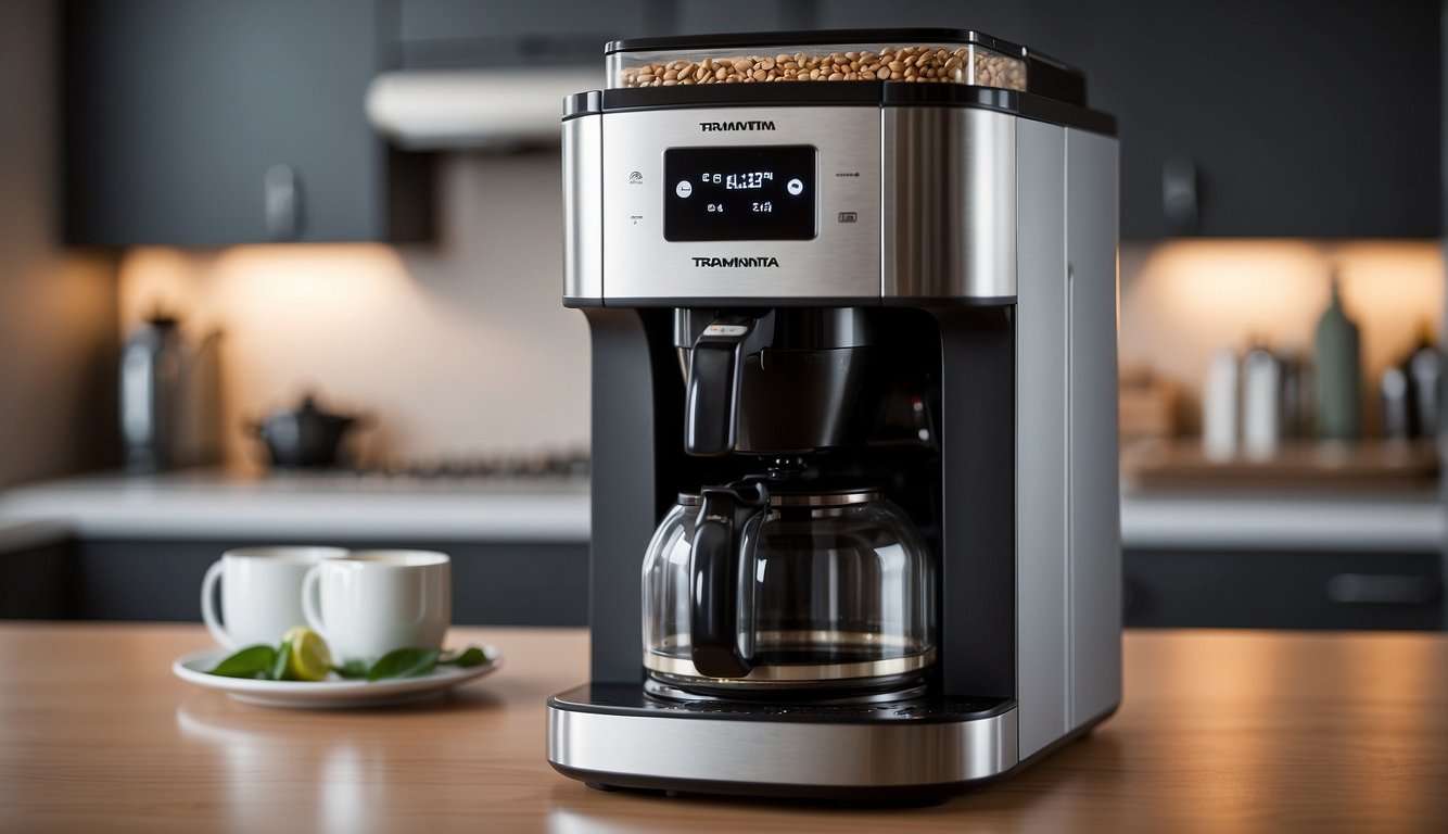 A silver Tramontina 220v Express Coffee Maker sits on a clean kitchen counter, ready to brew a fresh cup of coffee